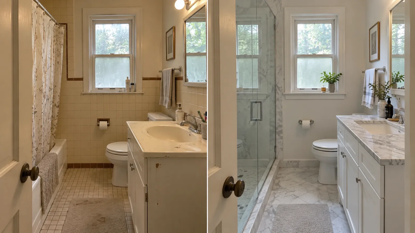 Eski ve yenilenmiş banyo duvarı ile lavabo alanı