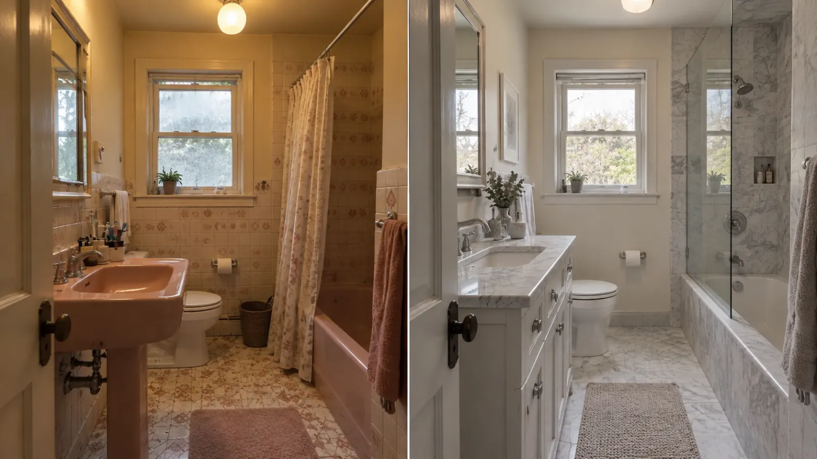 Eski ve yenilenmiş banyo küveti ve mermer yüzeyleri